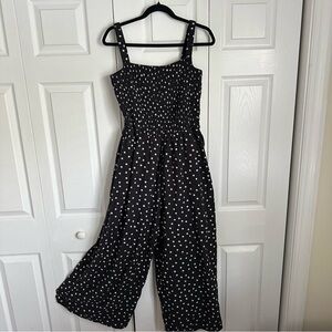 On 34th Womens Black Polka Dot Wide Leg Smocked Jumpsuit Sz L Resortwear Boho